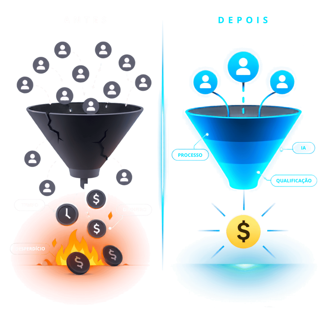 Ilustração antes e depois: contatos sem qualificação desperdiçam tempo e dinheiro; o processo MUV com IA qualifica leads até o resultado.